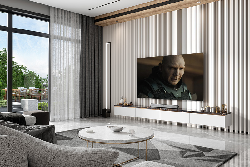 living room with tv and soundbar